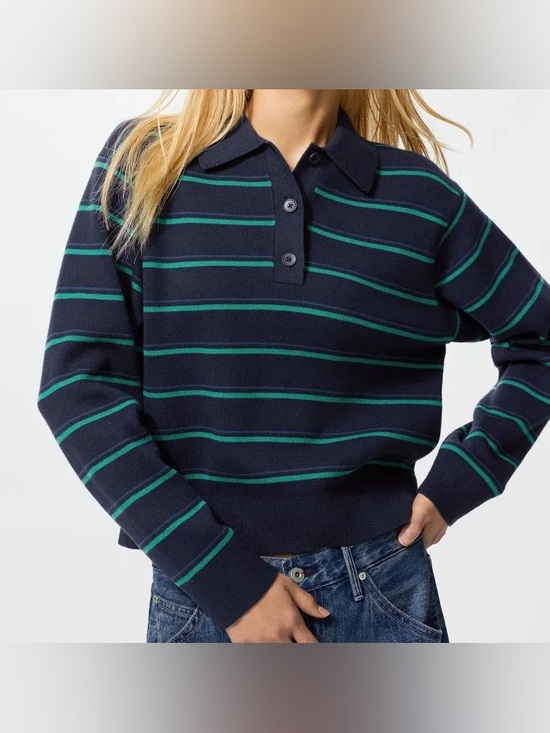 Uniqlo Sweaters - UNIQLO Women's Striped Cotton Polo Sweater